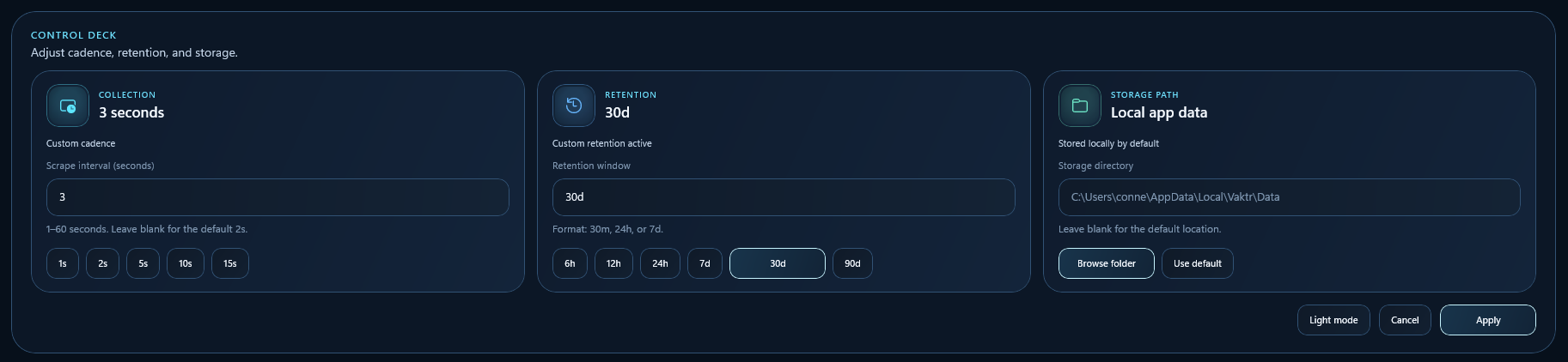 Vaktr control deck with collection, retention, and storage settings